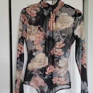 Black Sheer Mesh Floral Bodysuit
